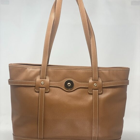 Dooney & Bourke Davis Leather Logo Lock Tote Bag - Brown with Red Interior - Picture 6 of 15